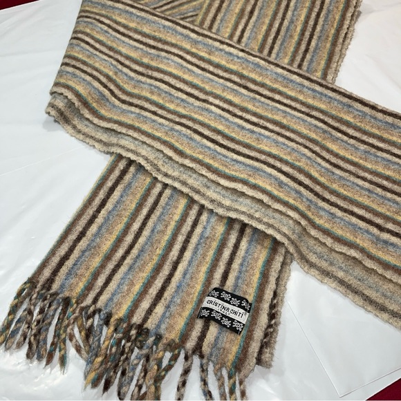 Christina Chiti WOOL shawl SCARF Tan Blue Cream STRIPED SHAWL fringe Wrap 17x65” - Picture 14 of 16
